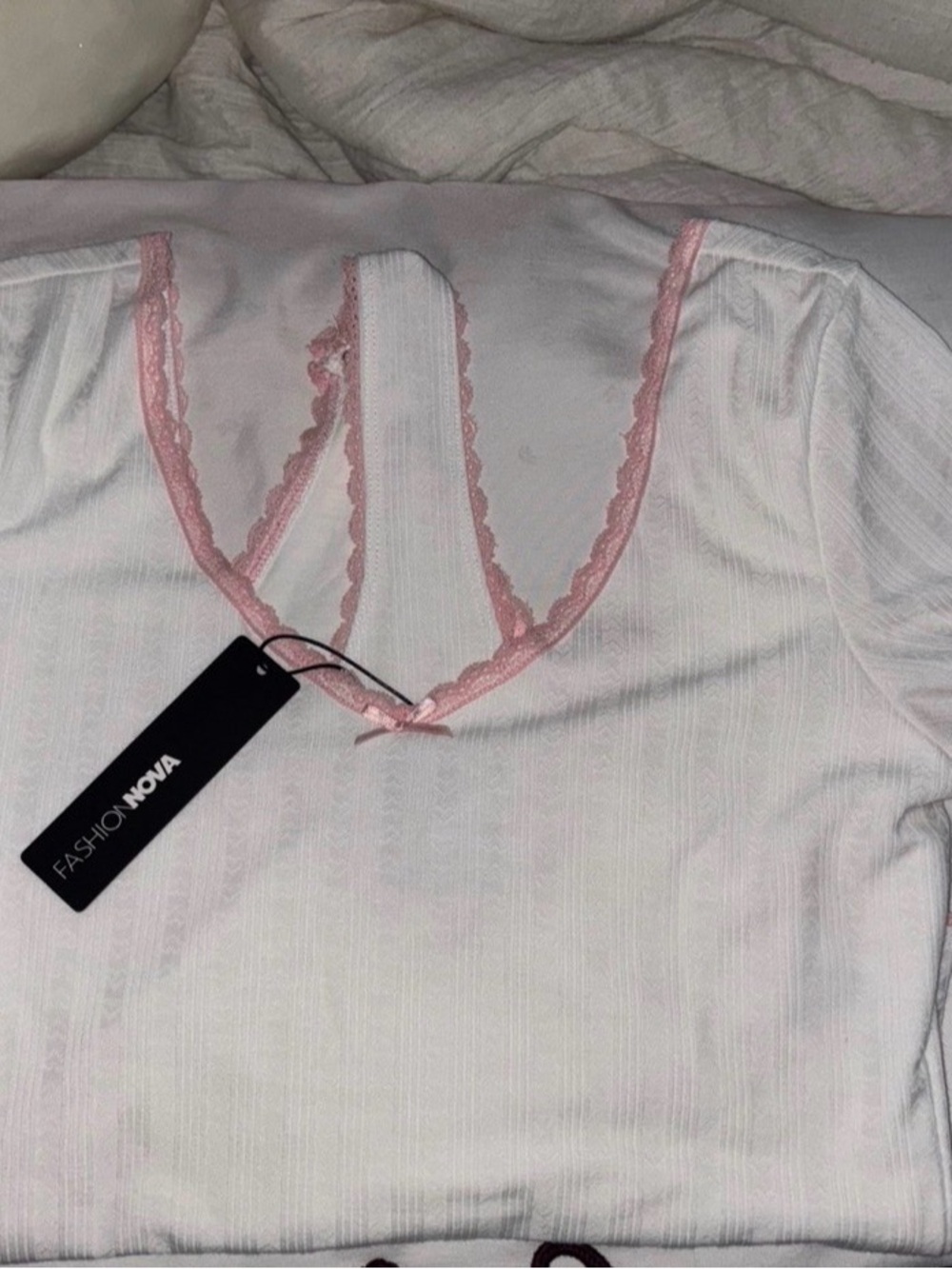 Fashion Nova White Ribbed V-Neck Bodysuit with Pink Lace Trim